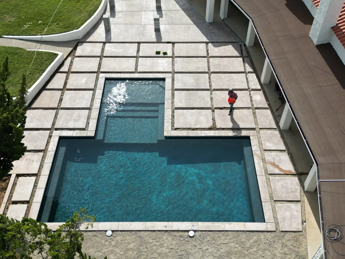 Aerial view geometric pool paver deck by Pinnacle Pools and Landscape, Sacramento CA