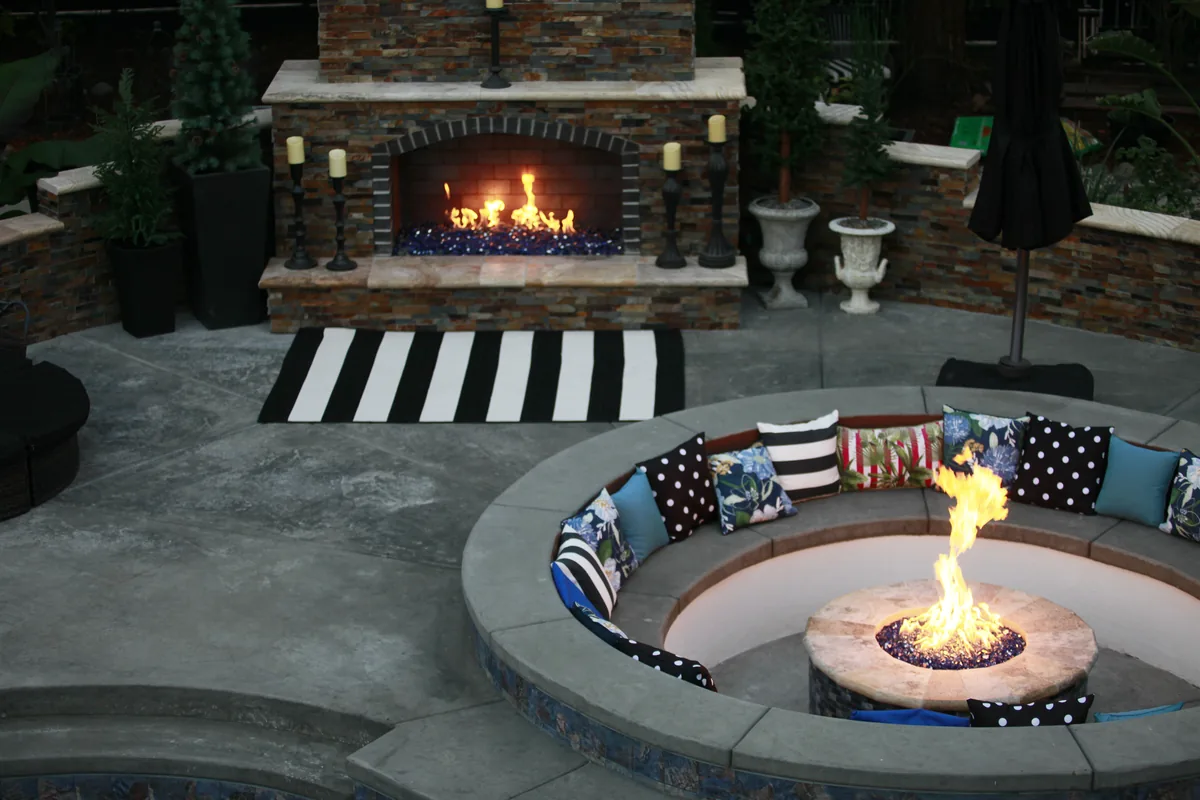 Fire Pits detail β Outdoor fireplace fire pit patio night by Pinnacle Pools and Landscape, Sacramento CA