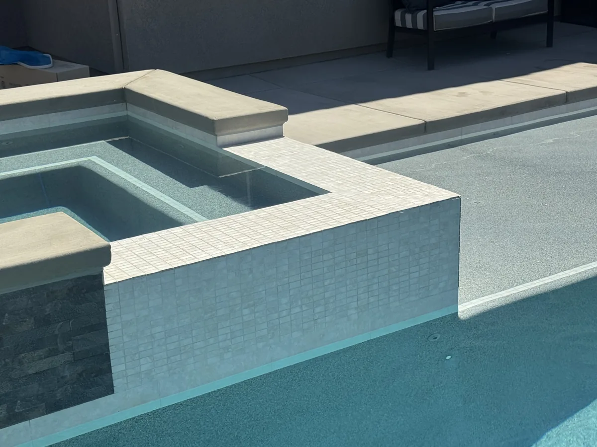 3D Pool Design project in Folsom β Pool raised spa tile waterline by Pinnacle Pools and Landscape, Sacramento CA