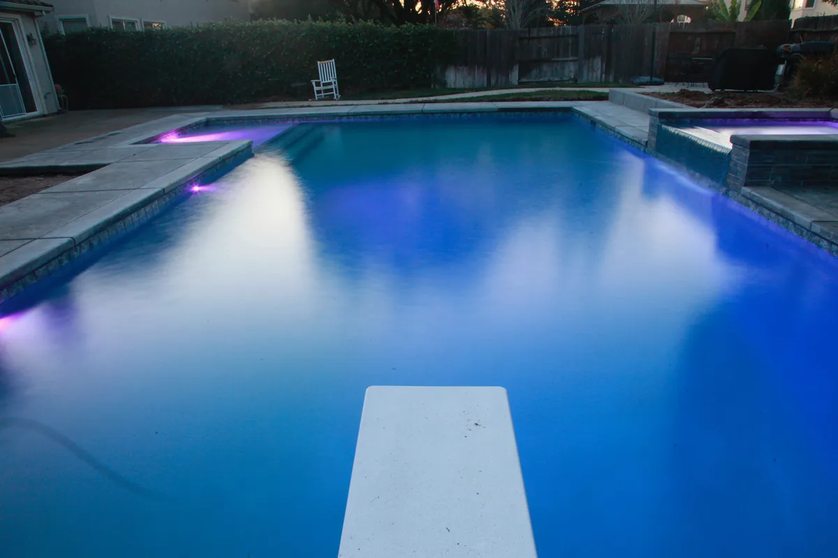 3D Pool Design project in Rancho Cordova β Rectangular pool diving board led night by Pinnacle Pools and Landscape, Sacramento CA